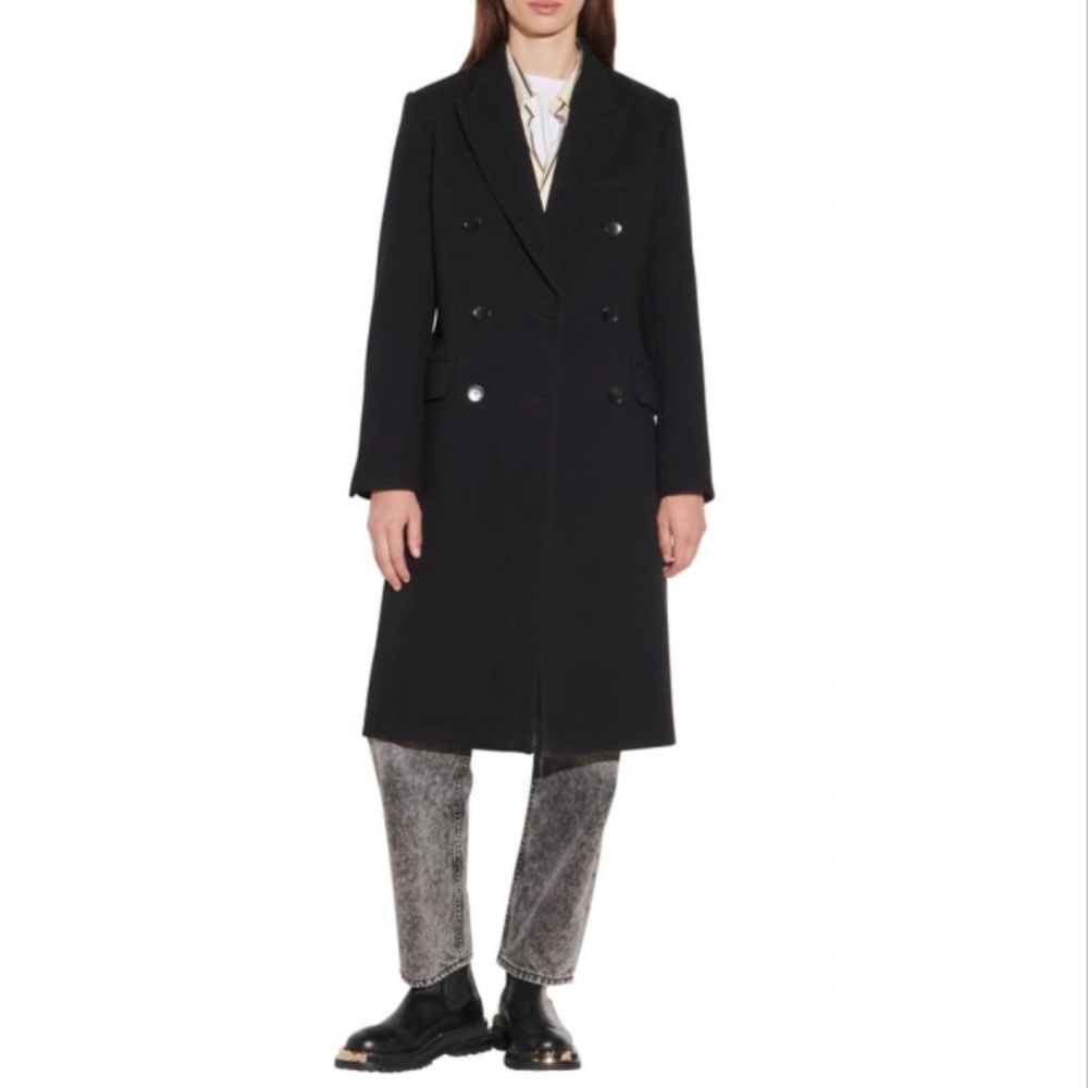Sandro Double Breasted Virgin Wool Blend Coat